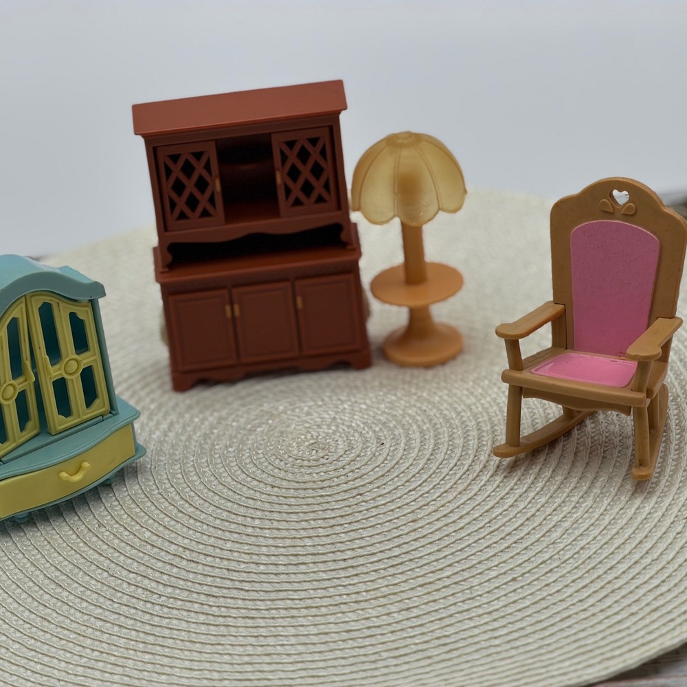 Vintage Fisher Price Dollhouse Furniture Hutch Armoire Rocking Chair Lamp RARE